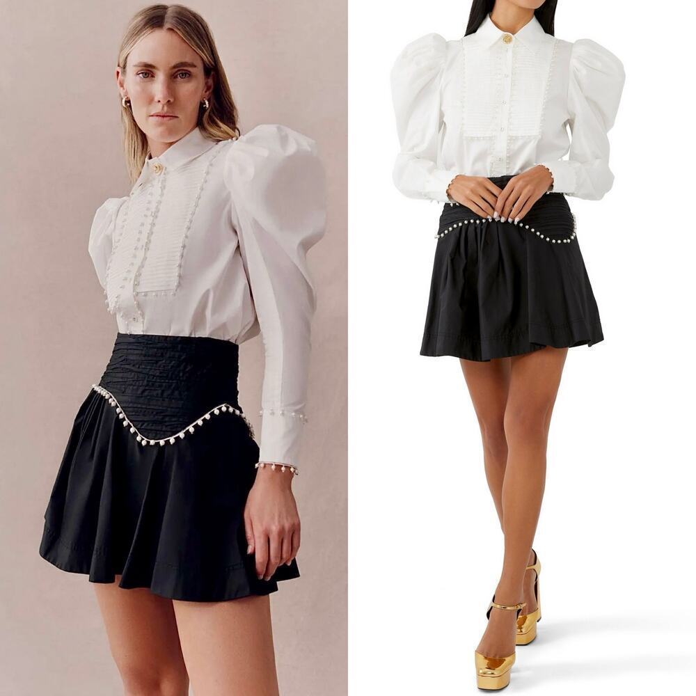 Aje Florence Pearl Trim Pleated Mini Skirt Black Size 4 A-Line Poplin Cotton